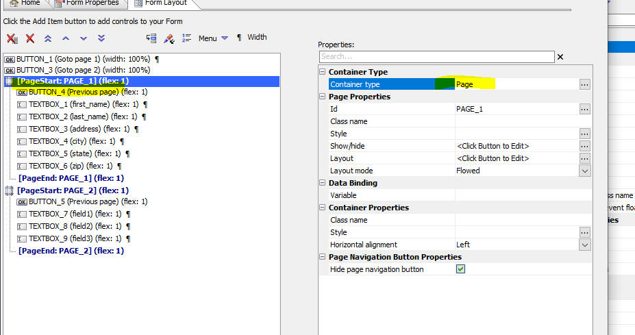 Wrapping controls in Page containers to create a paginated JSON Form.